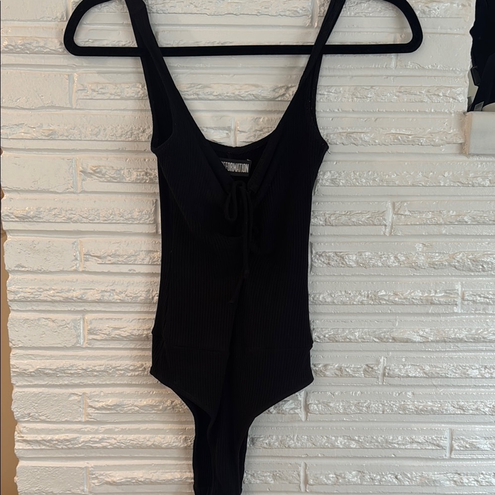 Bodysuit Black Ribbed Tie Front